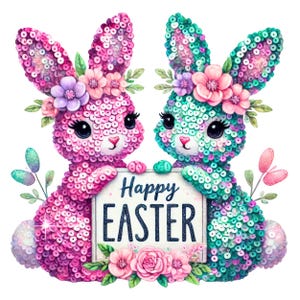 May include: Two sequined Easter bunnies holding a sign that says "Happy Easter". The bunnies are wearing flower crowns and are pink and teal.