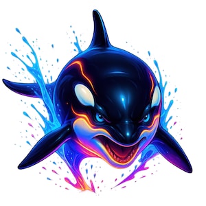 Neon Orca Clipart, 12 High-Quality PNGs, Glowing Vibrant Neon Orca Bundle, Orca Art, printable, Orca Sublimation Design, Commercial Use