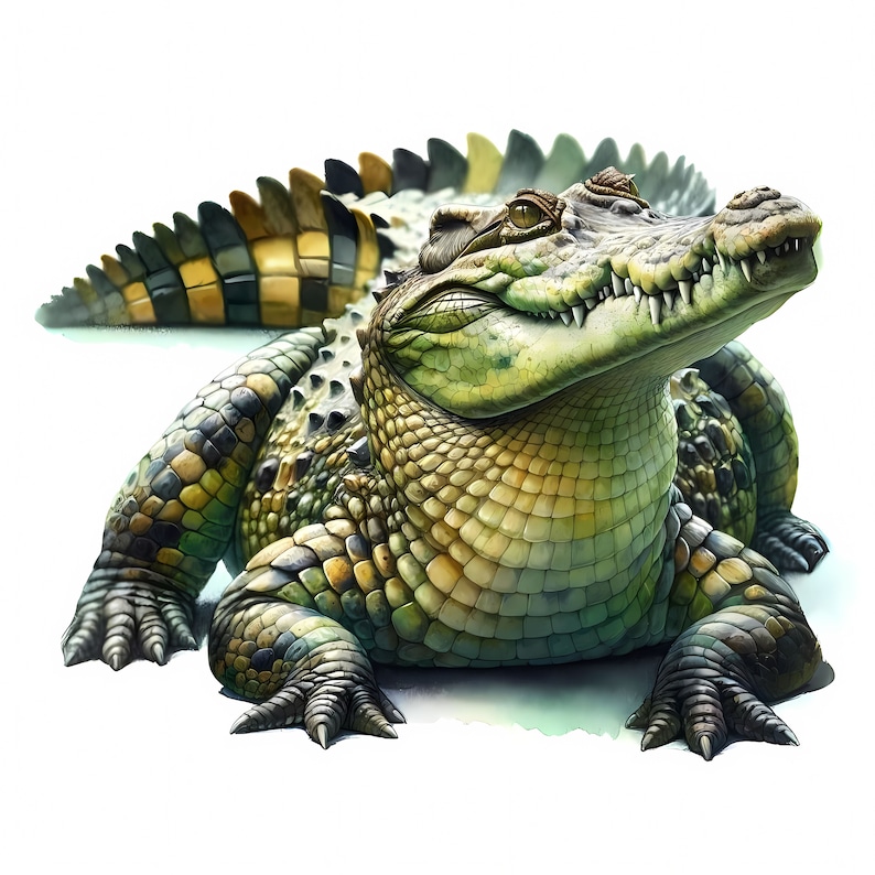 May include: A green and yellow crocodile with a textured skin, lying on its belly with its head turned to the side. The crocodile has a wide open mouth with sharp teeth.