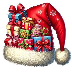 May include: A red Santa hat with white fur trim is filled with colorful wrapped gifts. The gifts are tied with red, green, and white ribbon.