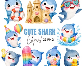 Adorable Shark Clipart: Summer Beach Shark Graphics (Digital Download) 22 PNGs