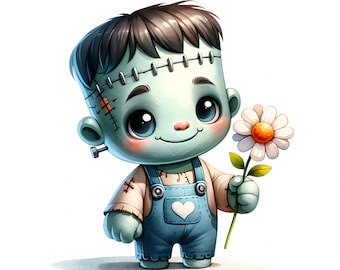 May include: A green monster with stitched seams, brown hair, and big blue eyes is holding a white daisy with a yellow center. He is wearing a light brown shirt and blue overalls with a white heart on the front.