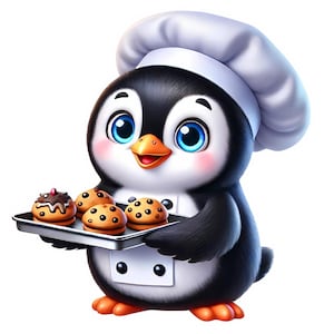 May include: A cartoon penguin wearing a white chef's hat holds a baking sheet with four cookies. The cookies are round and have chocolate chips. The penguin has blue eyes and a happy expression.