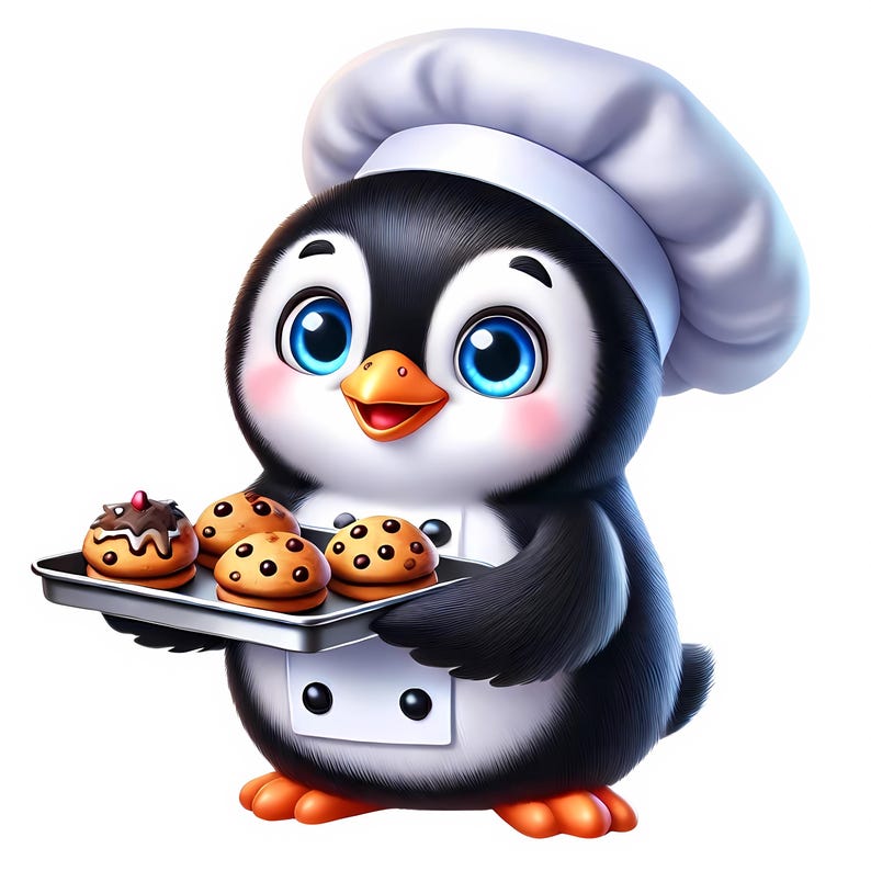 May include: A cartoon penguin wearing a white chef's hat holds a baking sheet with four cookies. The cookies are round and have chocolate chips. The penguin has blue eyes and a happy expression.