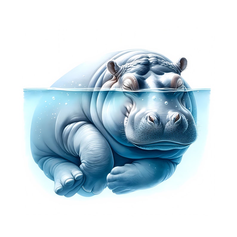 May include: A close-up of a hippopotamus submerged in water, with only its head and upper body visible. The hippopotamus has its eyes closed and appears to be sleeping peacefully.