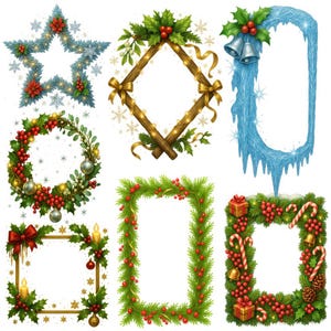 Christmas Frame Clipart Bundle, Holiday Borders PNG, Winter Frame, Xmas Wreaths, Festive Floral Frames Sublimation, Cards & Crafts, 15 PNG