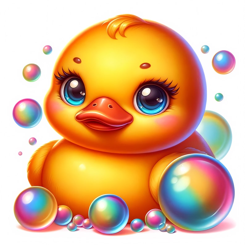 May include: A yellow rubber duck with blue eyes and a red beak surrounded by iridescent bubbles.