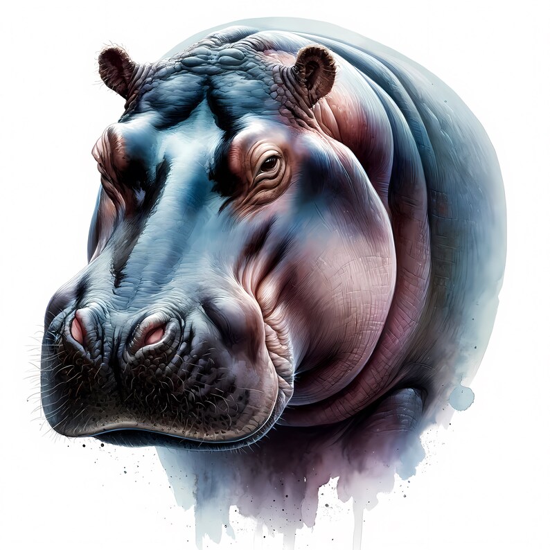 May include: A close-up of a hippopotamus's head with a watercolor effect. The hippopotamus has a large, wrinkled nose and a wide, open mouth. The background is a light blue watercolor wash.