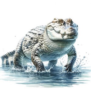 May include: A white alligator with a textured skin emerges from the water, its mouth slightly open, revealing sharp teeth. The alligator is in a natural setting, with water splashing around it.
