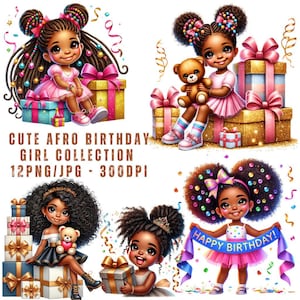 12 cliparts d'anniversaire de fille afro mignonne PNG/JPG, adorable paquet d'anniversaire de fille noire, fête d'anniversaire afro, célébration de fille afro, usage Commercial