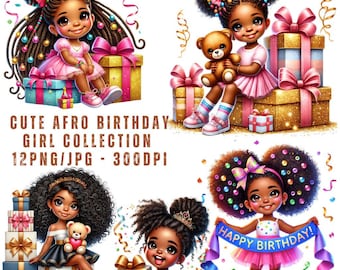 Puede incluir: Cuatro ilustraciones de niñas negras con peinados afro celebrando cumpleaños. Cada niña lleva un atuendo diferente y sostiene un regalo o un osito de peluche. Las ilustraciones están sobre un fondo blanco con confeti y cintas de colores.