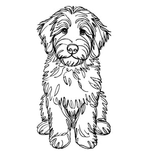 May include: Line drawing of a fluffy dog with a long snout and big eyes. The dog is sitting with its legs crossed and its tail tucked behind its legs.