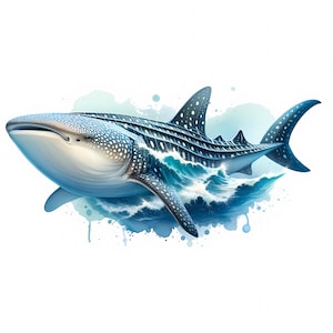 Pode incluir: Uma ilustração em aquarela de um tubarão-baleia nadando no oceano. O tubarão é azul e cinza com manchas brancas. A água é azul e verde com ondas brancas.