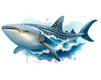 May include: A watercolor illustration of a whale shark swimming in the ocean. The shark is blue and gray with white spots. The water is blue and green with white waves.