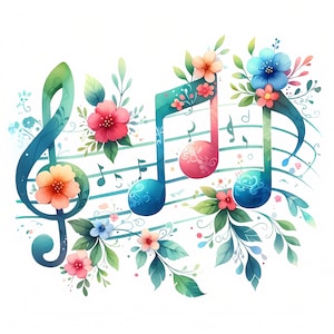 Clipart di note musicali floreali - 12 JPG di alta qualità - Clipart di note musicali, clipart di acquerelli stampabili, lavoretti di carta, diario spazzatura