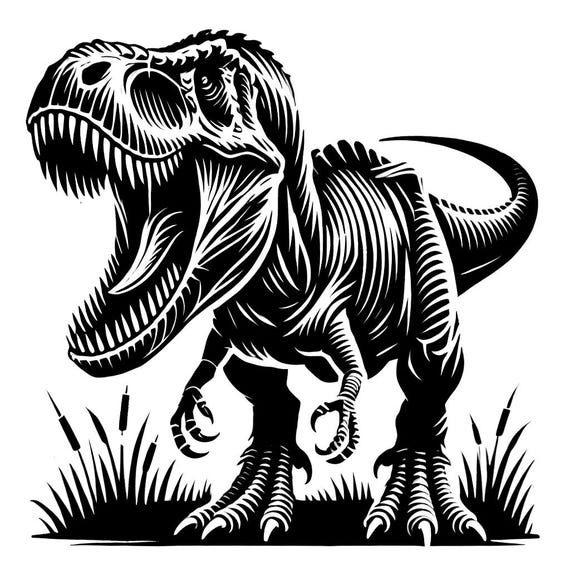 恐竜のアートパネル モノクロ イラスト ギガノトサウルスのシルエット：怒った恐竜のクリップアート（SVG