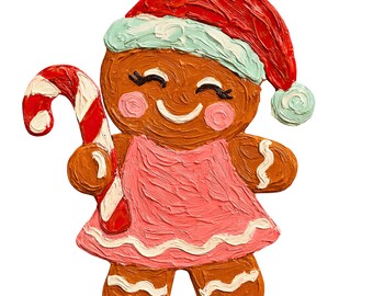 Clipart di una bambina di pan di zenzero dipinta a mano: pennellata di Natale PNG (download digitale) Set di 15