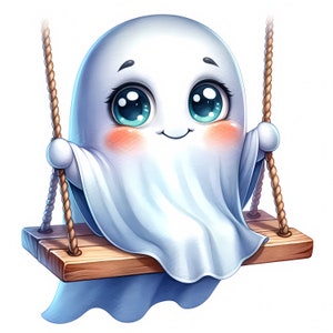 May include: A cute cartoon ghost with big blue eyes and rosy cheeks is sitting on a wooden swing set. The ghost is wearing a white sheet and has a happy expression.
