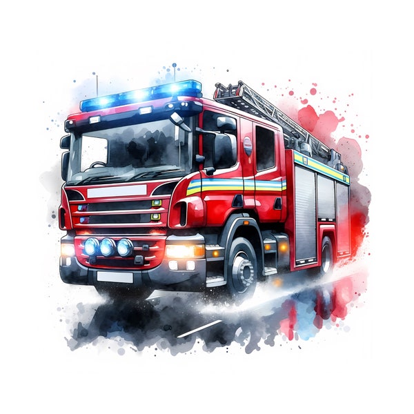 Feuerwehrauto Clipart Bundle - 12 hochwertige JPGs - Wandkunst - Rettungsfahrzeug Kunst - Digitaldrucke - Aquarell - Kommerzielle Nutzung