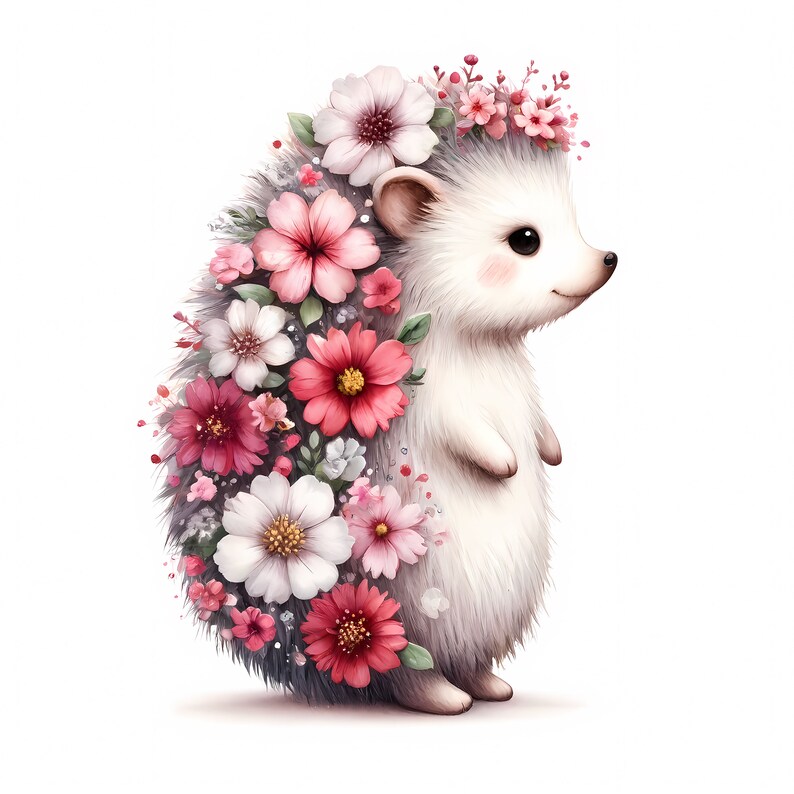 K&ouml;nnte beinhalten: Ein s&uuml;&szlig;er wei&szlig;er Igel mit einer rosa-wei&szlig;en Bl&uuml;tenkrone. Der Igel ist von rosa, wei&szlig;en und roten Blumen umgeben.