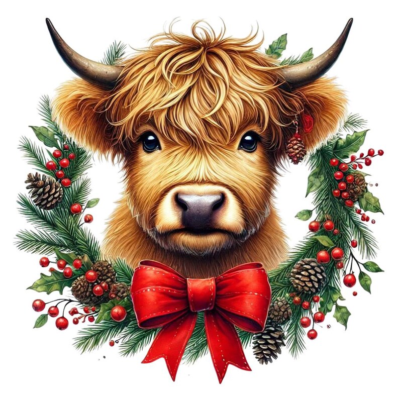 Watercolor Christmas Highland Cow Clipart: Holiday 11 PNG Bundle ...