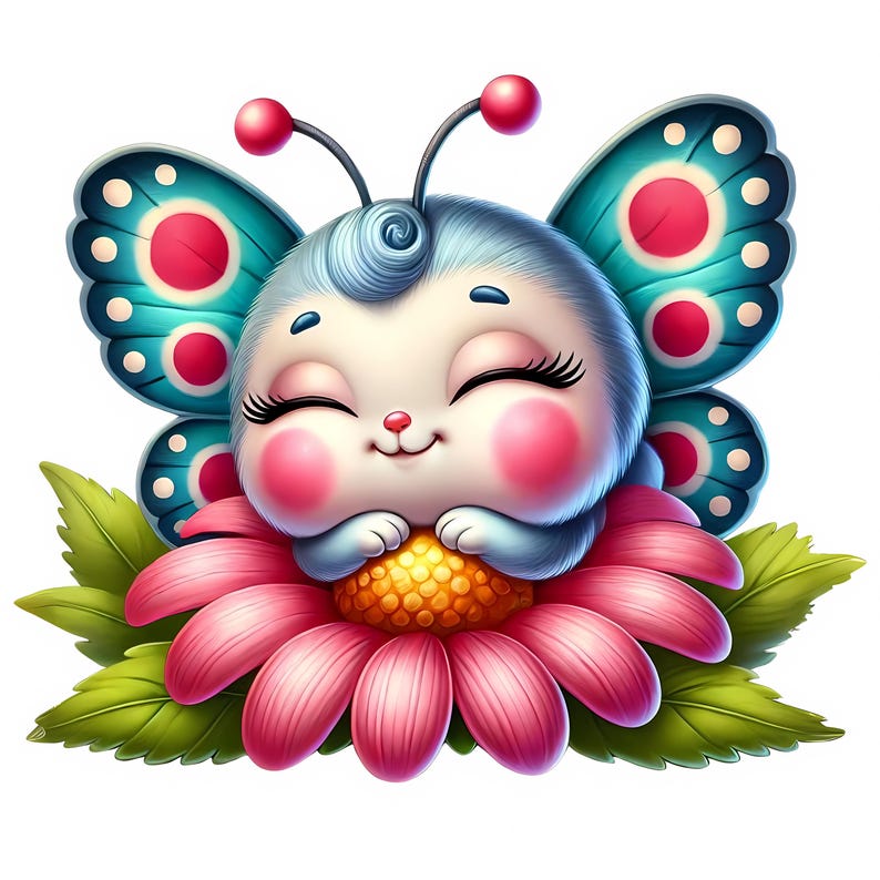 Puede incluir: Una linda mariposa de dibujos animados con alas azules y manchas rojas, durmiendo en una flor rosa con un centro amarillo.