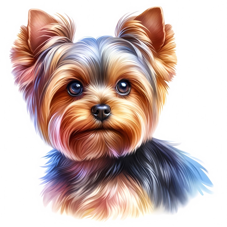 May include: A close-up portrait of a Yorkshire Terrier with brown, black, and tan fur. The dog has a sweet expression with big brown eyes and a wet nose.