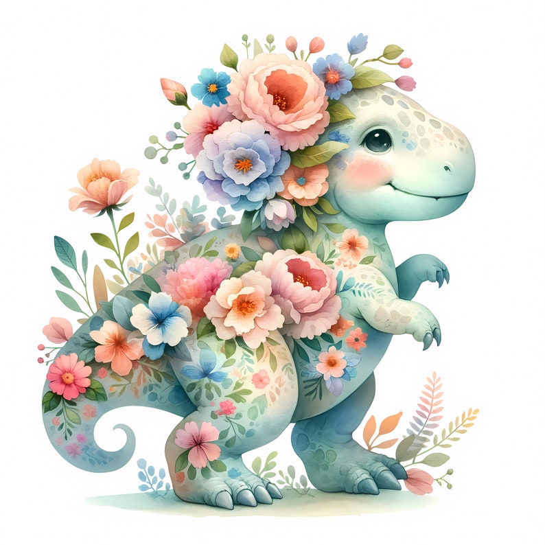 Floral Dinosaur Clipart: Watercolor Nursery Art (digital Download ...