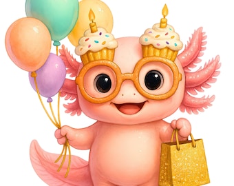 Party Axolotl Clipart Bundle, Birthday Kids PNG Art (Digital Download) Set of 12