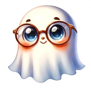 May include: A white ghost with a friendly face wearing large, round, brown-rimmed glasses. The ghost has blue eyes and a small, pink nose.