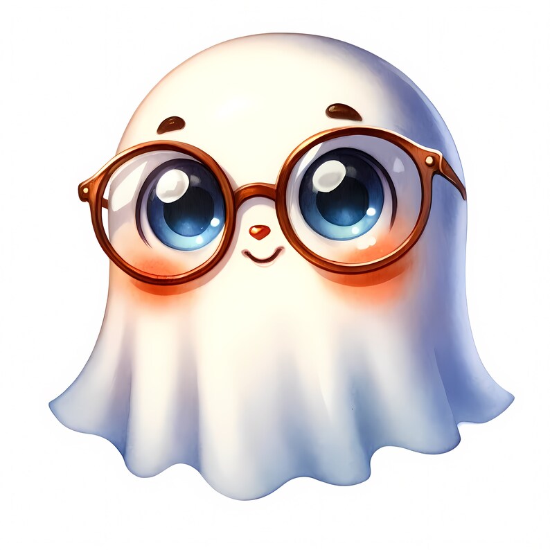 May include: A white ghost with a friendly face wearing large, round, brown-rimmed glasses. The ghost has blue eyes and a small, pink nose.