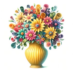 Quilling Floral Bouquet Clipart - 15 JPGs de alta qualidade - Quilled Flowers Vase Clipart Bundle - Criação de cartões, arte de parede, artesanato em papel