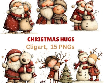 Christmas Hugs Clipart: Whimsical Holiday Graphics (Digital Download) 15 PNG