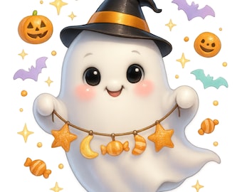 Cute Halloween Ghost Clipart, Kawaii Spooky PNG (Commercial Use)