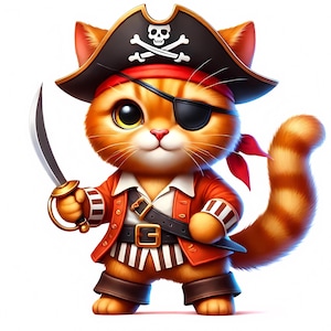 Lindo gato pirata / 12 archivos JPG de alta calidad / Paquete de imágenes de piratas felinos aventureros / Arte de fantasía felina / Imprimibles / Uso comercial