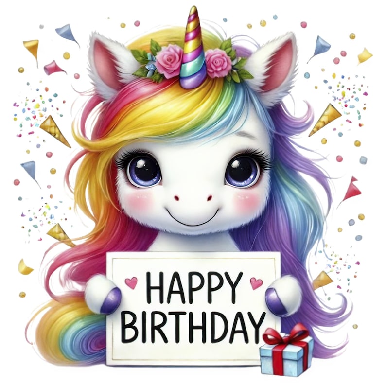 May include: A white unicorn with a rainbow mane and tail holds a sign that says "Happy Birthday". The unicorn is wearing a flower crown and has a pink nose. There are confetti and party streamers in the background.