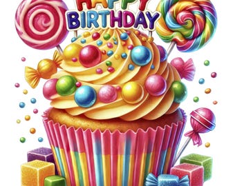 Gelukkige verjaardag cupcake clipart: partij png-bundel (digitale download, commercieel gebruik, set van 12)