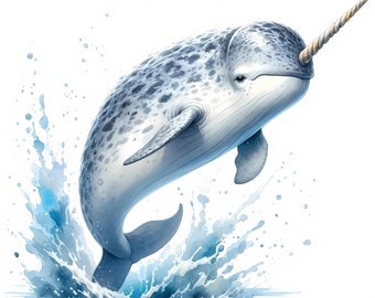 May include: A white and gray narwhal with a long, ivory tusk leaps out of the water, creating a splash of blue and white water droplets.