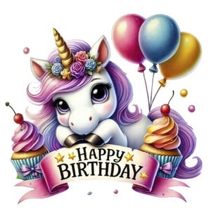 May include: A white unicorn with a purple mane and tail, wearing a flower crown, is sitting with its head resting on its paws. The unicorn is surrounded by colorful balloons and cupcakes with pink and yellow frosting. A pink ribbon with the text "Happy Birthday" is in front of the unicorn.