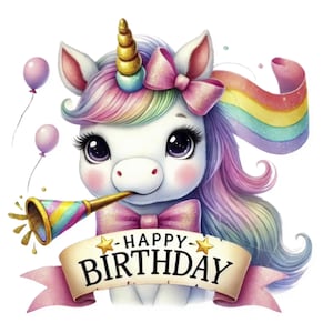 May include: A colorful unicorn with a rainbow mane and tail blows a party horn. The unicorn is wearing a pink bow and a banner that says "Happy Birthday".