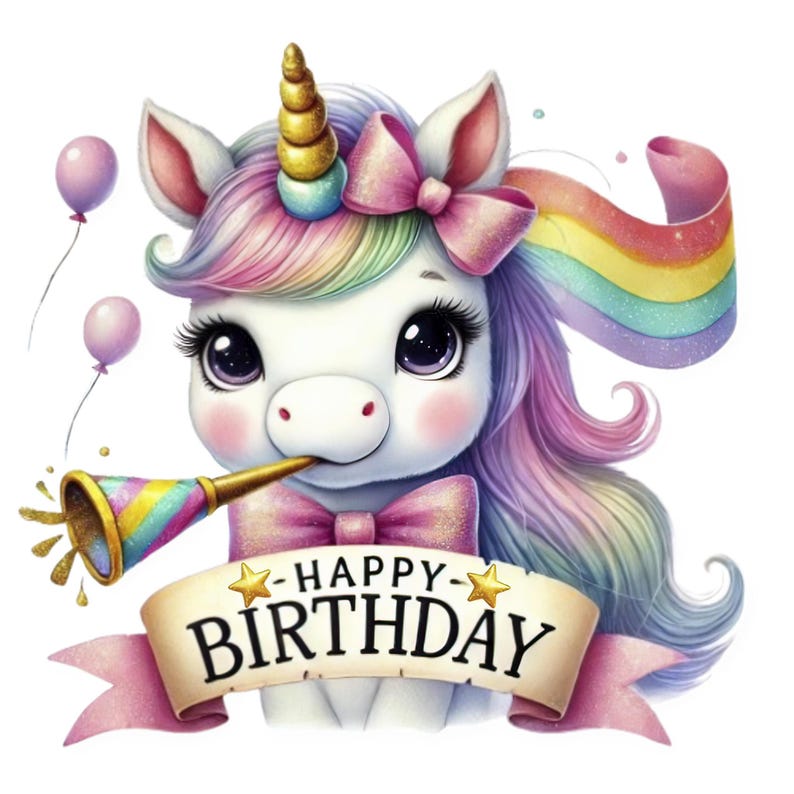 May include: A colorful unicorn with a rainbow mane and tail blows a party horn. The unicorn is wearing a pink bow and a banner that says "Happy Birthday".