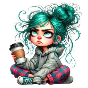 Può includere: Un'illustrazione di un cartone animato di una ragazza con i capelli blu turchese in uno chignon disordinato, che indossa una felpa grigia e pantaloni a quadri rossi e blu. Tiene una tazza di carta marrone con un coperchio nero.