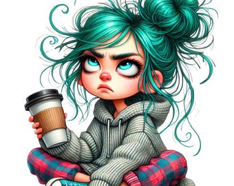 Quirky Coffee Girl Clipart: Grumpy Whimsical Art (11 JPG/PNG, Digital Download)