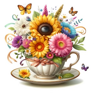 Mazzi di fiori da tazza da tè Clipart / 12 JPG di alta qualità / Pacchetto clipart / Artigianato di carta digitale / Creazione di biglietti / Arte floreale / Uso commerciale