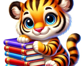 May include: A cute cartoon tiger cub with orange and black stripes is holding a stack of colorful books. The tiger has blue eyes and a pink nose.