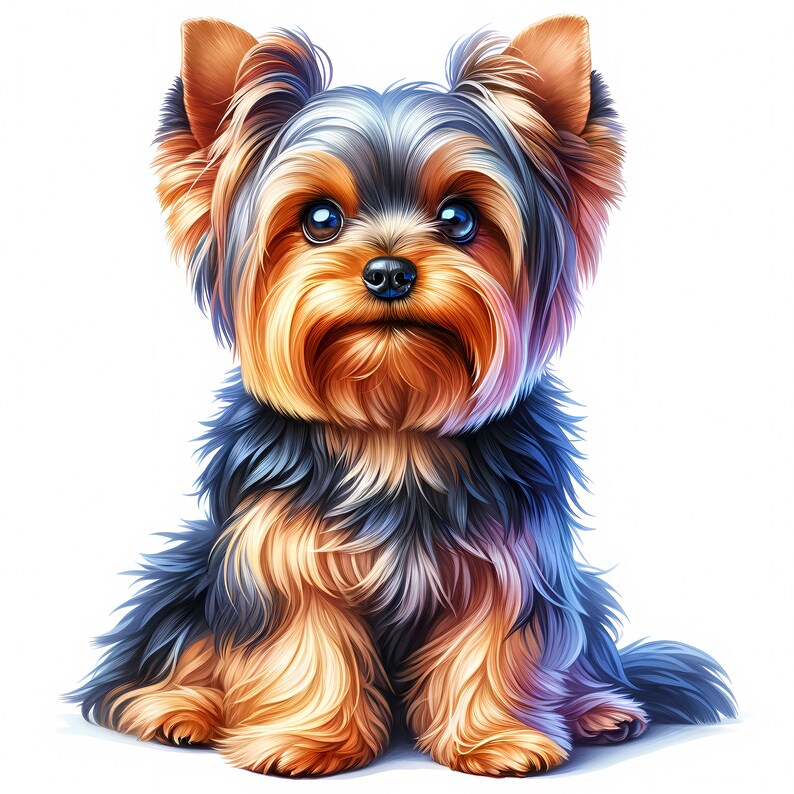 May include: A small, brown and black Yorkshire Terrier dog with long, flowing hair sits with its front paws forward and its back paws tucked behind it. The dog has a sweet expression on its face and looks directly at the viewer.