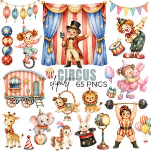 Puede incluir: Conjunto de imágenes prediseñadas de acuarela con temática de circo, que presenta un maestro de ceremonias, payasos, animales de circo, una carreta de circo y otros elementos de circo. También se incluye el texto "CIRCUS clipart 65 PNGS".