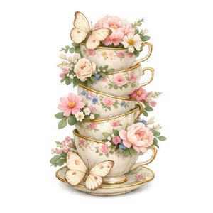 May include: A stack of vintage teacups with floral designs and gold trim, overflowing with pink and white flowers and butterflies. The teacups are stacked on top of each other, creating a whimsical and elegant display.