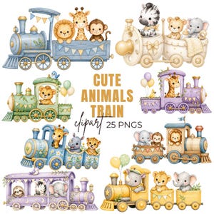 Puede incluir: Ilustraciones en acuarela de trenes de juguete coloridos que transportan animales adorables. La imagen incluye un león, una jirafa, un mono, una cebra, un elefante, un rinoceronte y un leopardo. El texto "CUTE ANIMALS TRAIN clipart 25 PNGs" también es visible.