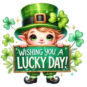 May include: A cartoon leprechaun wearing a green hat with a gold buckle and a green bow tie holds a sign that says "Wishing you a lucky day!" The sign is green with gold trim and has a sparkly texture. The leprechaun is surrounded by shamrocks.